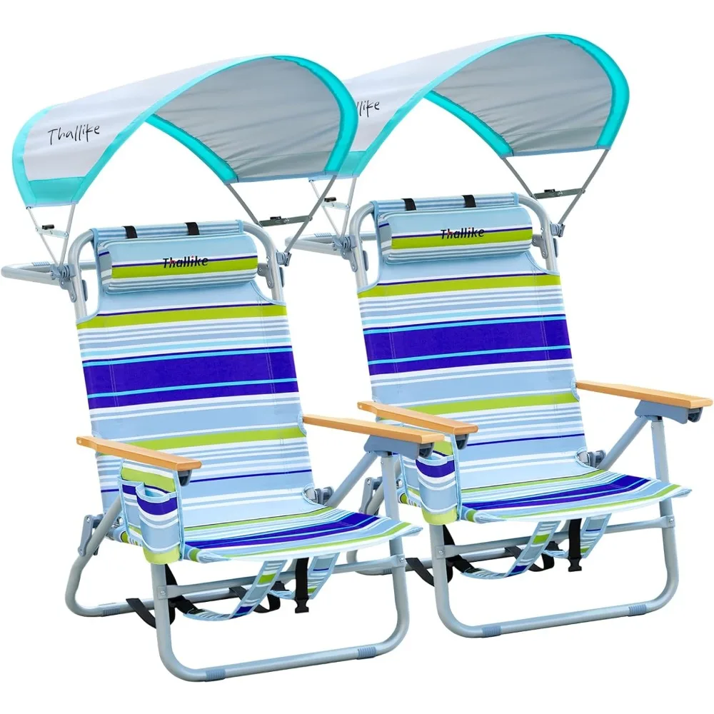 

2 pack backpack beach chairs with canopy headrest cooler bag cup holder towel bar 4-position recline wooden armrests aluminum fr