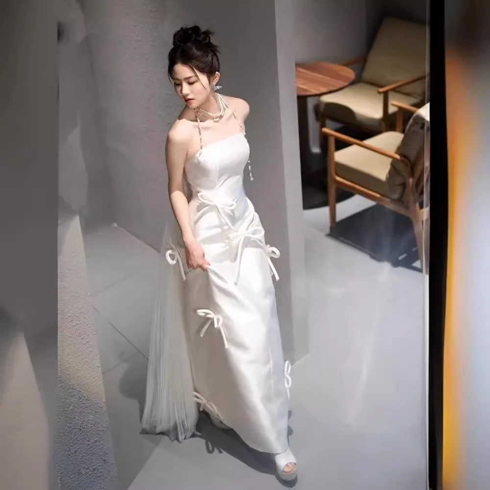 PJN Elegant Strapless Wedding Dress Bride 2025 New White Satin Mermaid Reception Snapshot Dresses Women Long Evening Party Dress