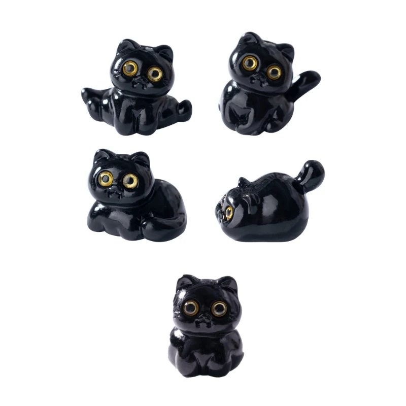  5Pcs Cartoon Desktop Black Cats Figurine With Oversized Eye Resins Miniature Decoration For Vehicle Or Workspaces