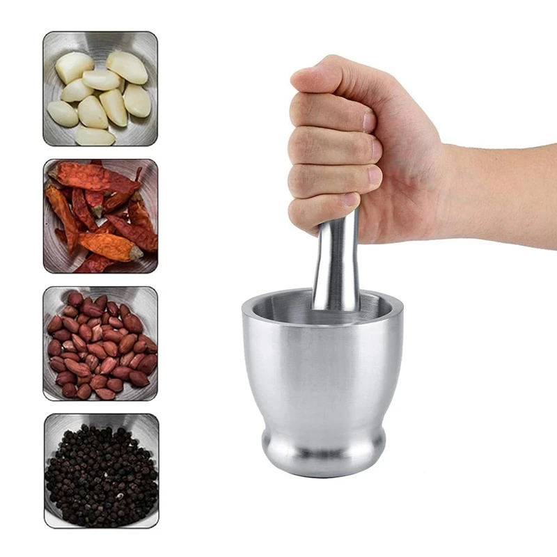 Stainless Steel Large Mortar And Pestle Spice Pill Crusher Set With Protective Lid For Kitchen Or Grinding Herbs