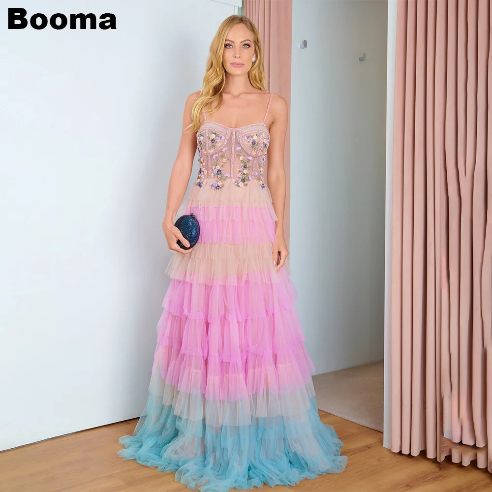 Booma A-Line Gradient Prom Dresses Appliques Tiered Tulle Homecoming Party Gowns Formal Evening Dress Celebrate Events Gown