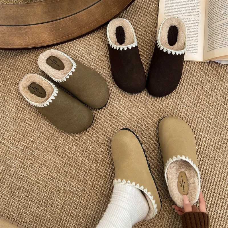 

Осень-зима, женские теплые хлопковые домашние тапочки, лаконичные туфли с закрытым носком, женские удобные уличные туфли без шнуровки на меху на плоской подошве, шлепанцы