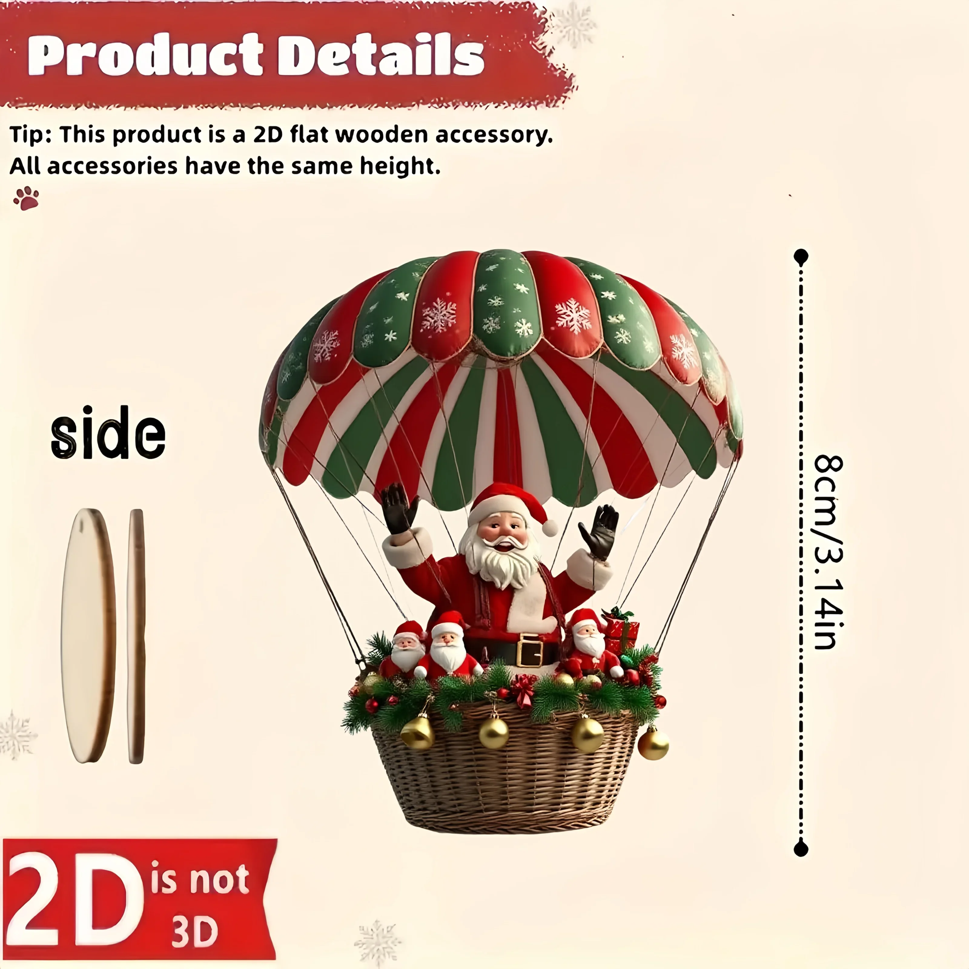 Ciondolo piatto in legno 2D Palloncino ad aria calda in legno di Natale Babbo Natale Decorazione dell'albero di Natale Decorazione regalo di festa 10 pezzi / borsa