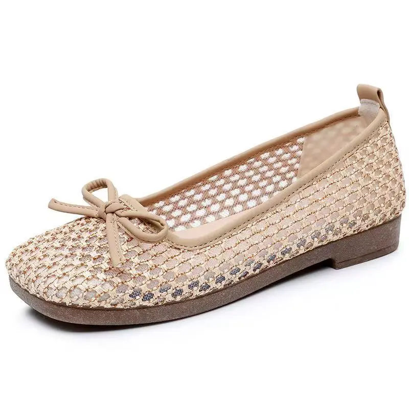 

Летние новые женские туфли с сетчатым верхом и плоской подошвой, мягкая подошва, круглый носок, низкий вырез, дышащие, для женщин среднего и пожилого возраста, туфли нюдового цвета.