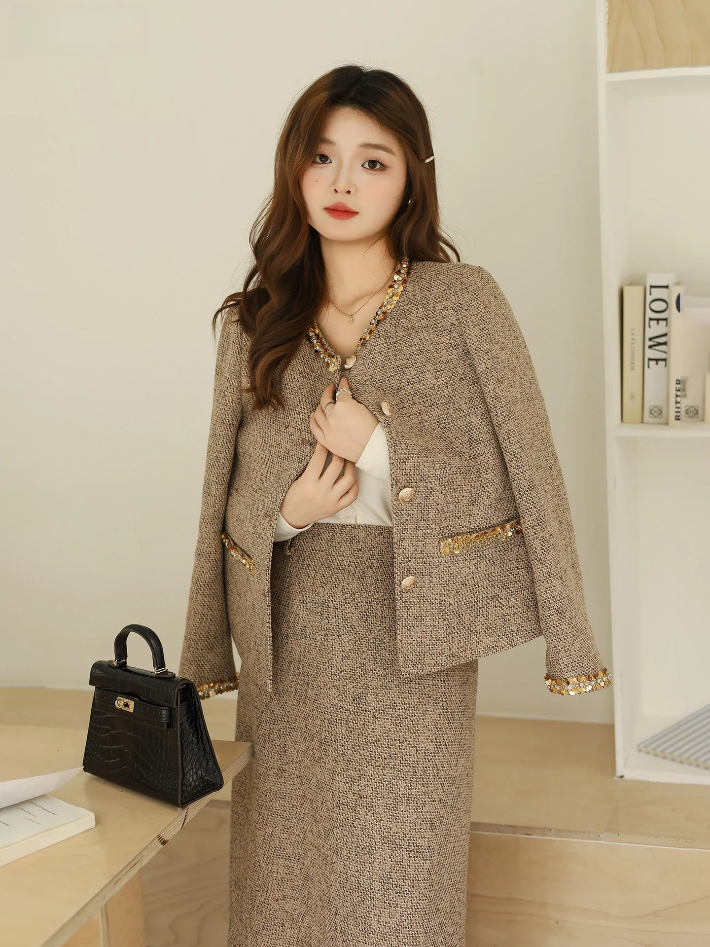 

Зимний модный комплект больших размеров DM00, корейский Sle, прямой крой, длинный све, яркий лоскутный повседневный комплект с блестками, смесь хлопка Thiened