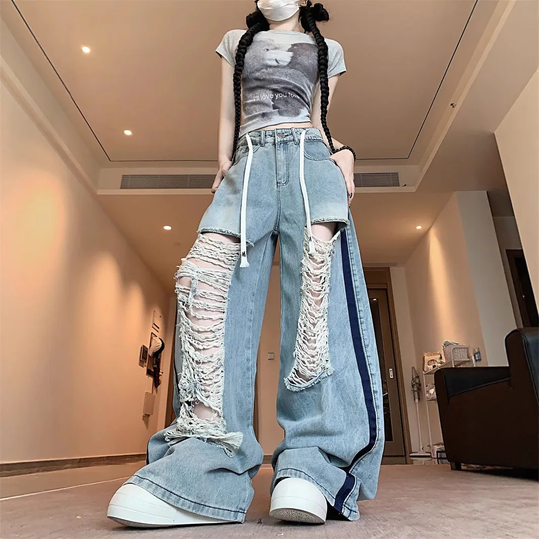 

Fashion Patchwork Ripped Wide-leg Jeans for Women Vintage Distressed High Street Trend Casual Loose Denim Harem Pants Clothing