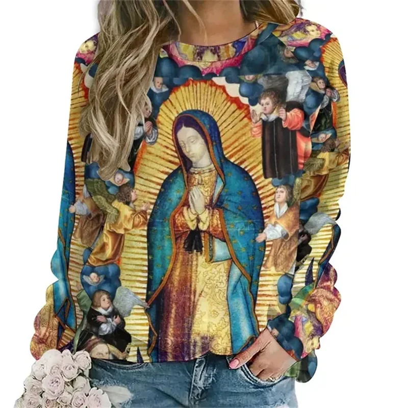 Vintage 3D German Diego De Guadalupe Virgin Mary Printing Sweatshirts For Women Unisex Fashion Streetwear Round Neck Hoodies Top