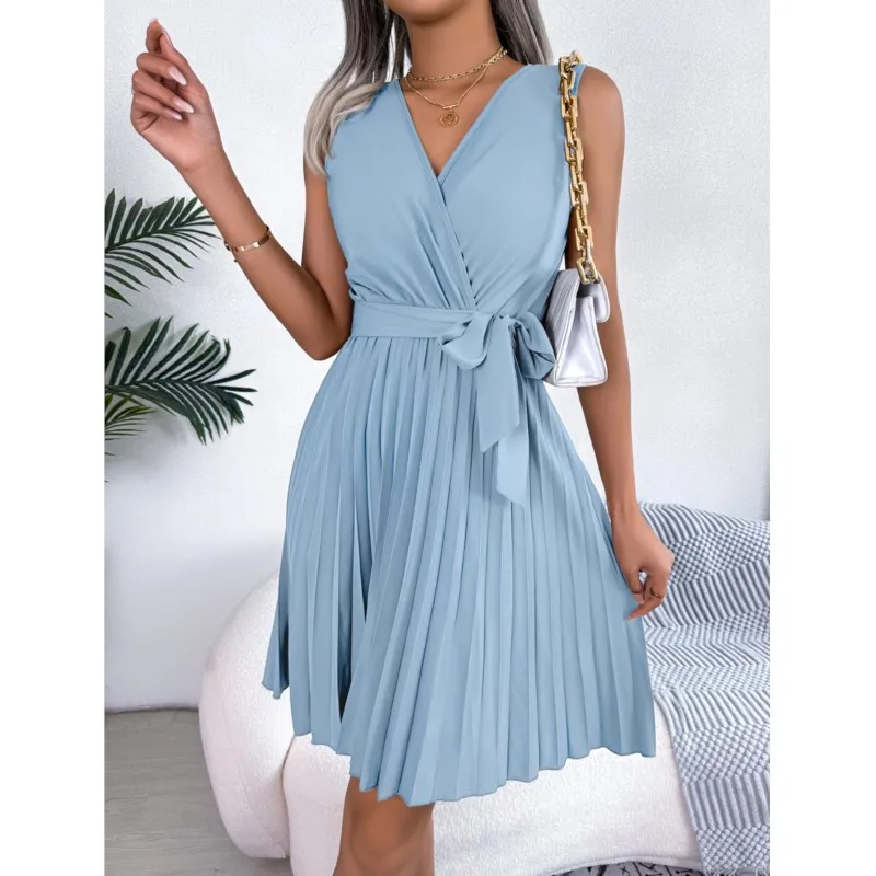 Women's Sleeveless Cinched Pleated Dress  Real Shot Elegant CrossVCollar Independent Station, Spring And Summer Clothing