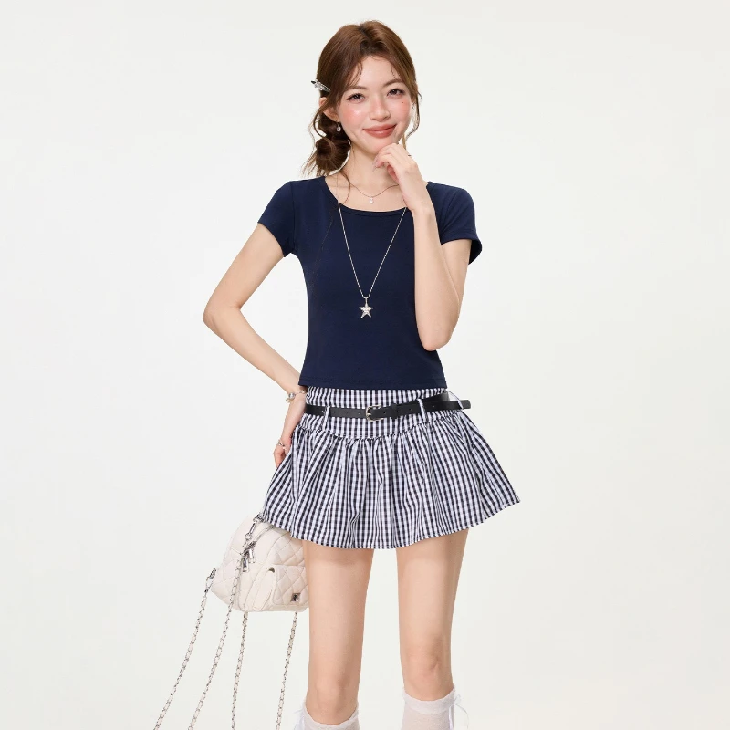 Back Hollowed Out Checkered Lace Up Bow Short Sleeved T-shirt for Women Summer New Fashionable Plaid Contrasting Color Short Top