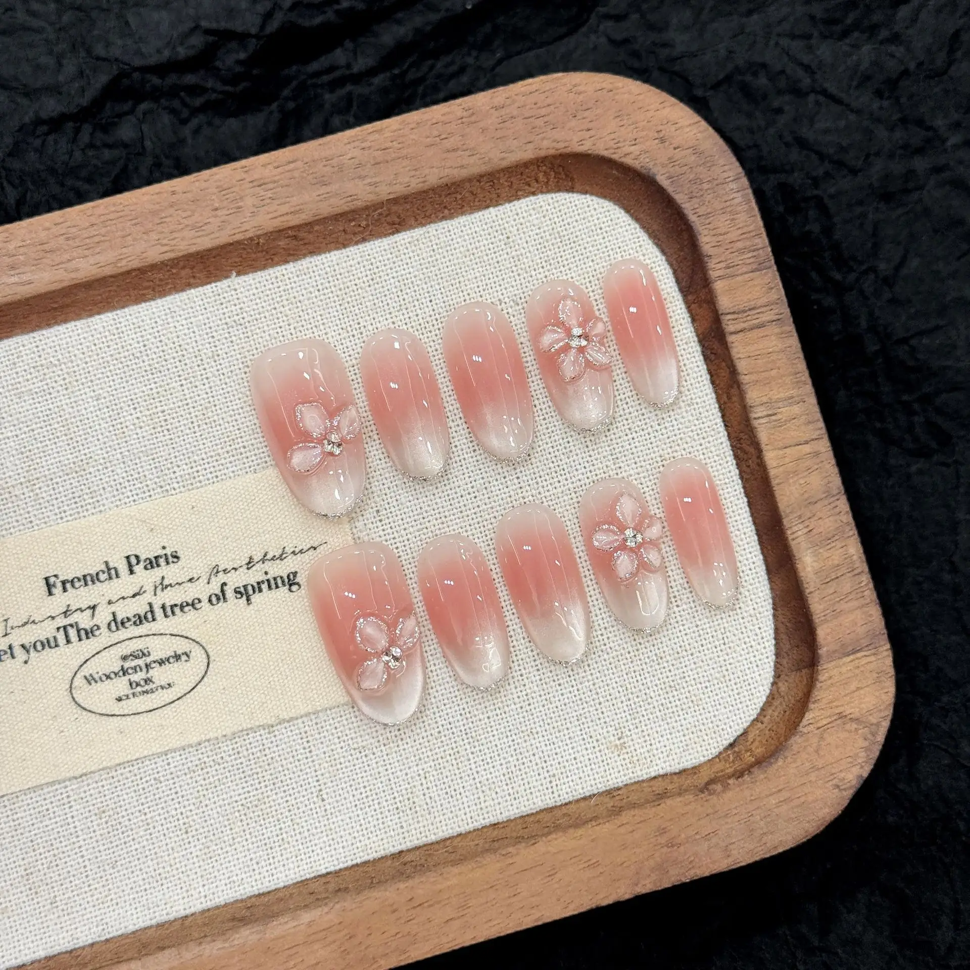 10PCS Nude Ice Flower Transparent Carving Floral Spring Summer Blush Nude Press On Nails With 4-PIECE Tools   Nail Adhesive Tabs