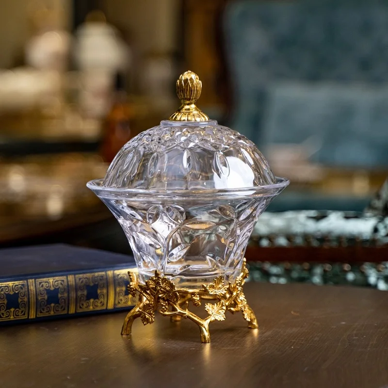 

Luxury Brass Engraved Glass Candy Jar Round For Home Tabletop Decoration Gold Leaves Branch Footed Bottom Fruit Storage Box