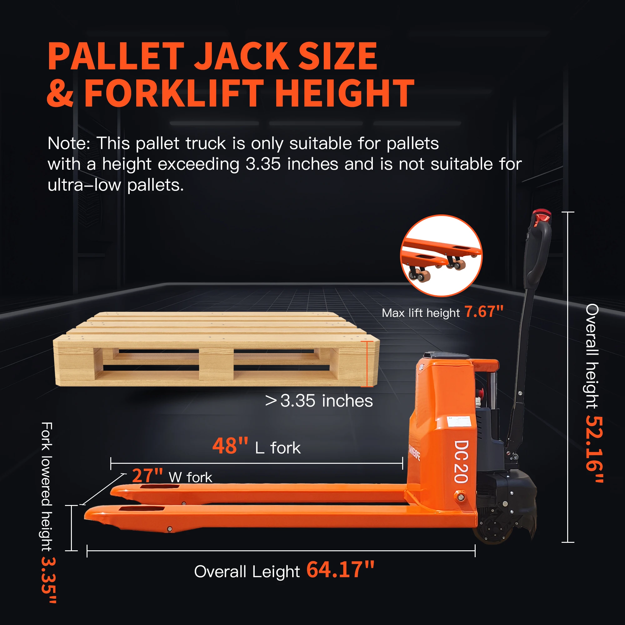 مقبس البليت الكهربائي 4400LBS فعال ومتين مع شاحنات رفع بمحركات ببطارية ليثيوم 48 بوصة × 27 بوصة خالية من الصيانة
