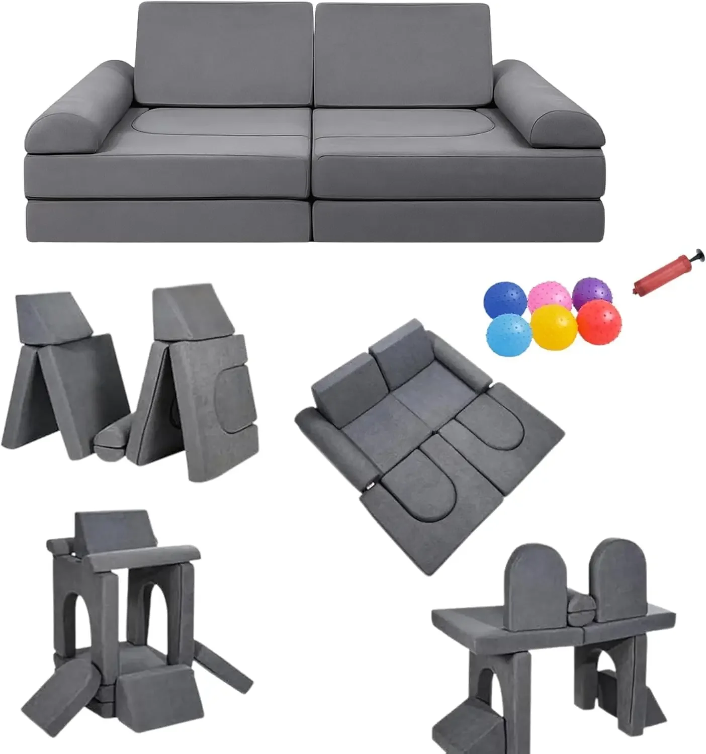 

10 PCS Modular Kids Play Couch with 6 Inflatable Balls – Convertible Foam and Floor Cushion Sofa for Boys and Girls, Perfect Pla
