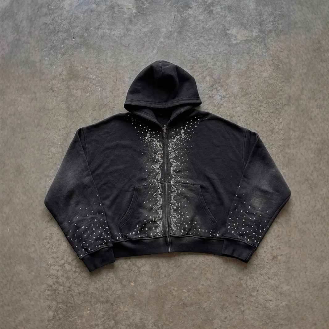 2025 Autumn New Gothic Loose Zipper Hoodie Women's Fashion Hot Diamond Pattern Street Hip Hop Hoodie Coat Y2k Streetwear Women