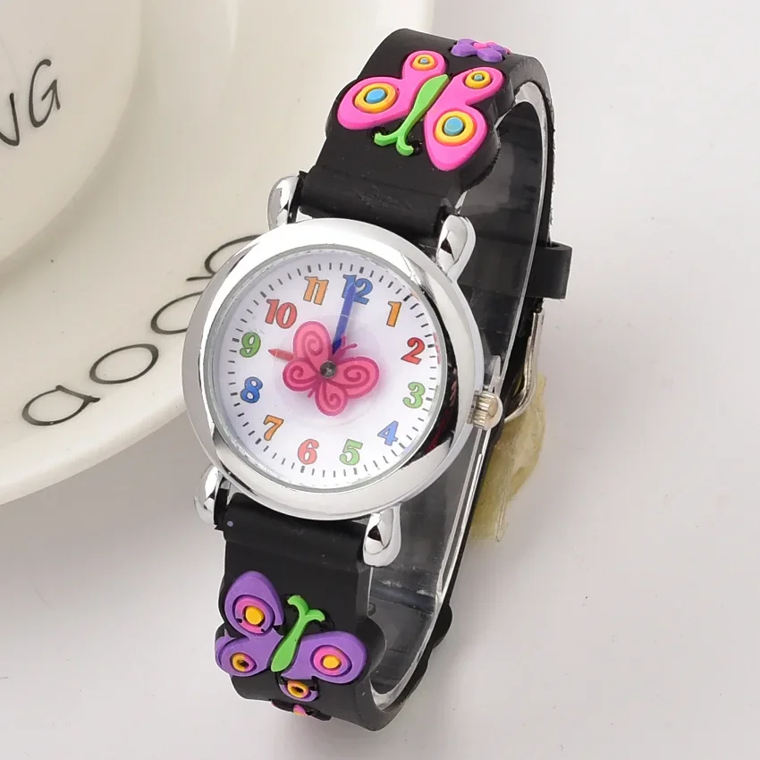 Reloj de pulsera de goma para niños y niñas, accesorio de cuarzo con diseño de mariposa de dibujos animados en 3D, colorido y bonito, ideal para