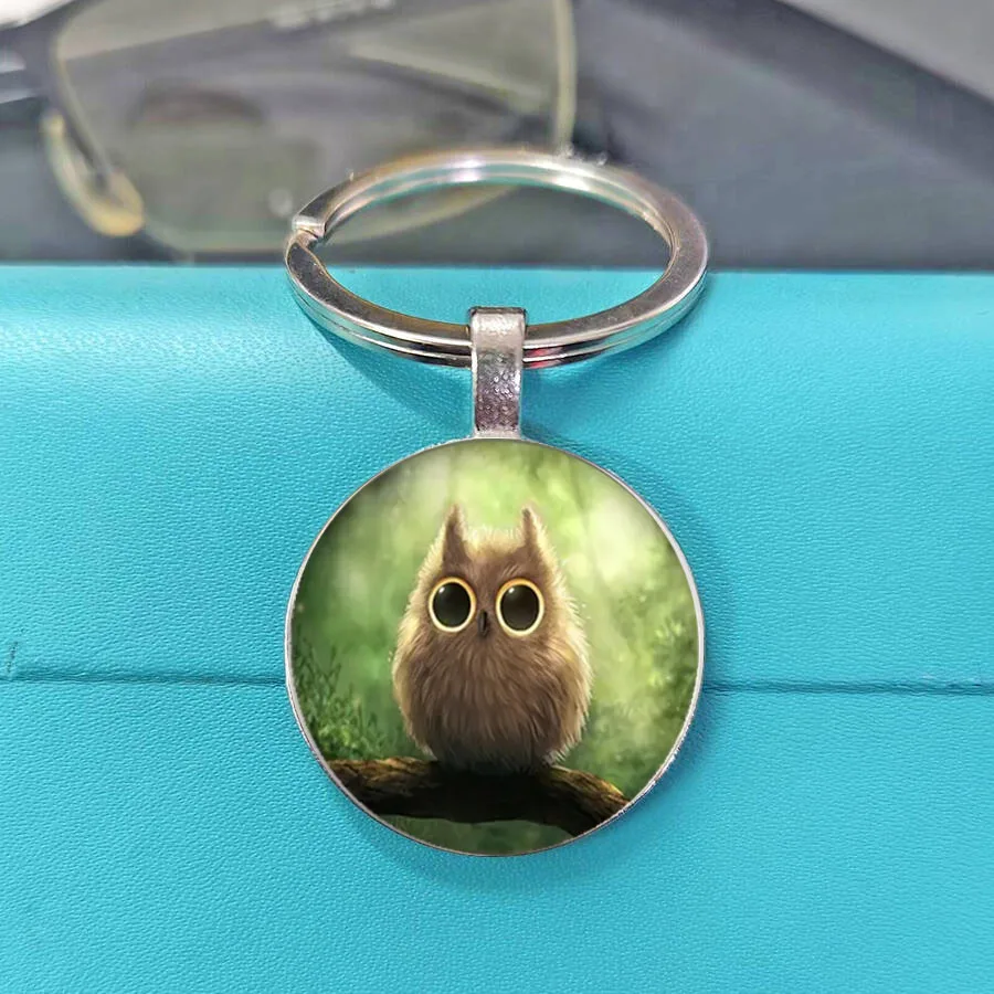 New Glass Convex Round Owl Key Chain Lovely Cartoon Animal Pendant Bag Holder Key Rings view 2
