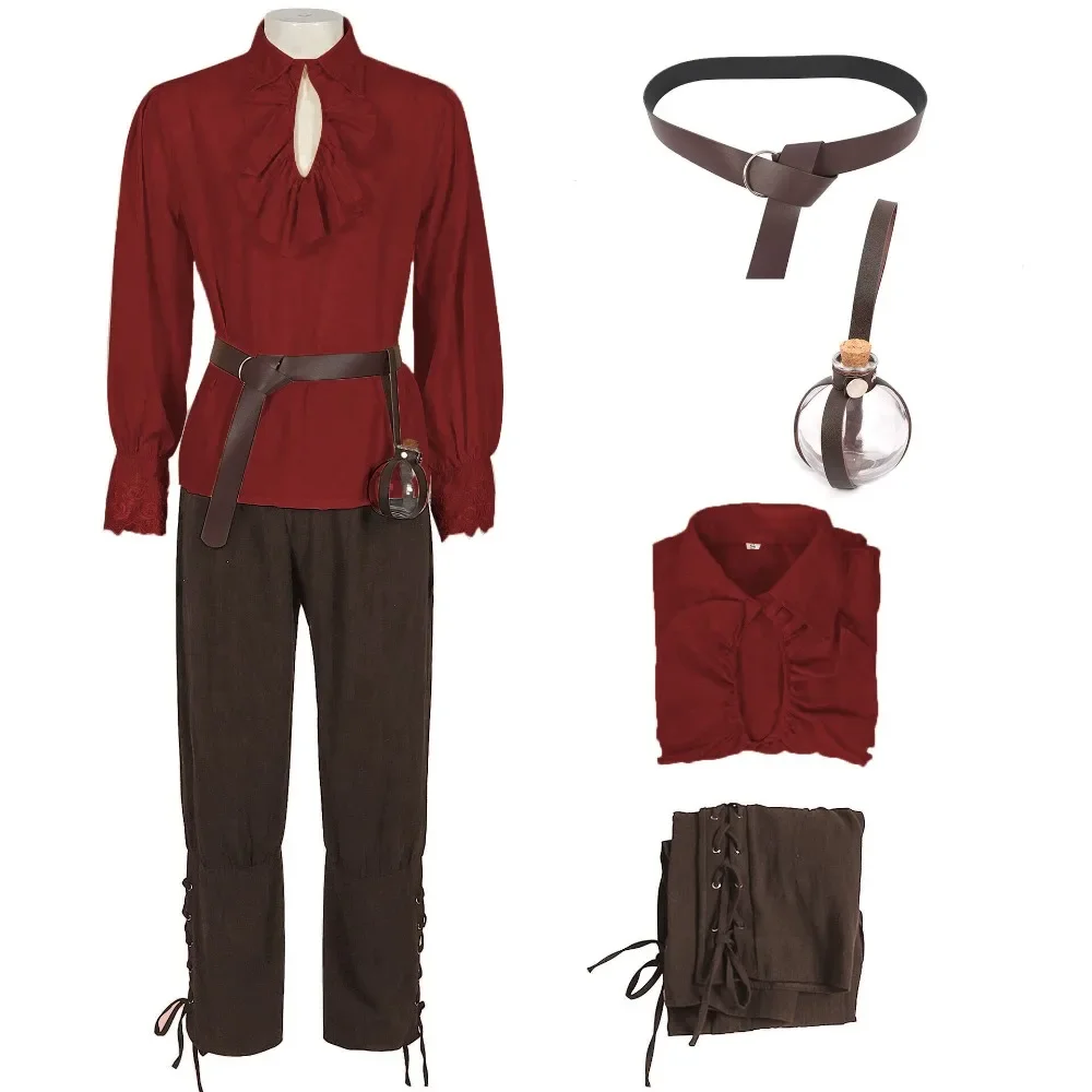 زي القراصنة الأوروبي العتيق - مجموعة قميص ومؤخرات من الكتان المتعثر لعروض المسرح