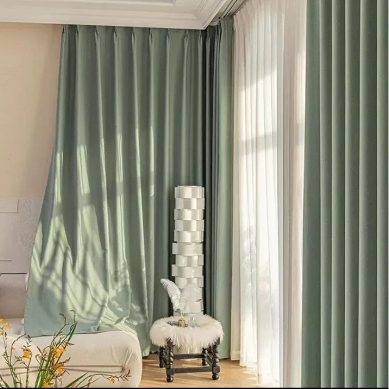 Minimalist French Cotton and Hemp Curtains for Bedroom Living Room Fully Shaded Matcha Green Warm Solid Color Custom Curtains