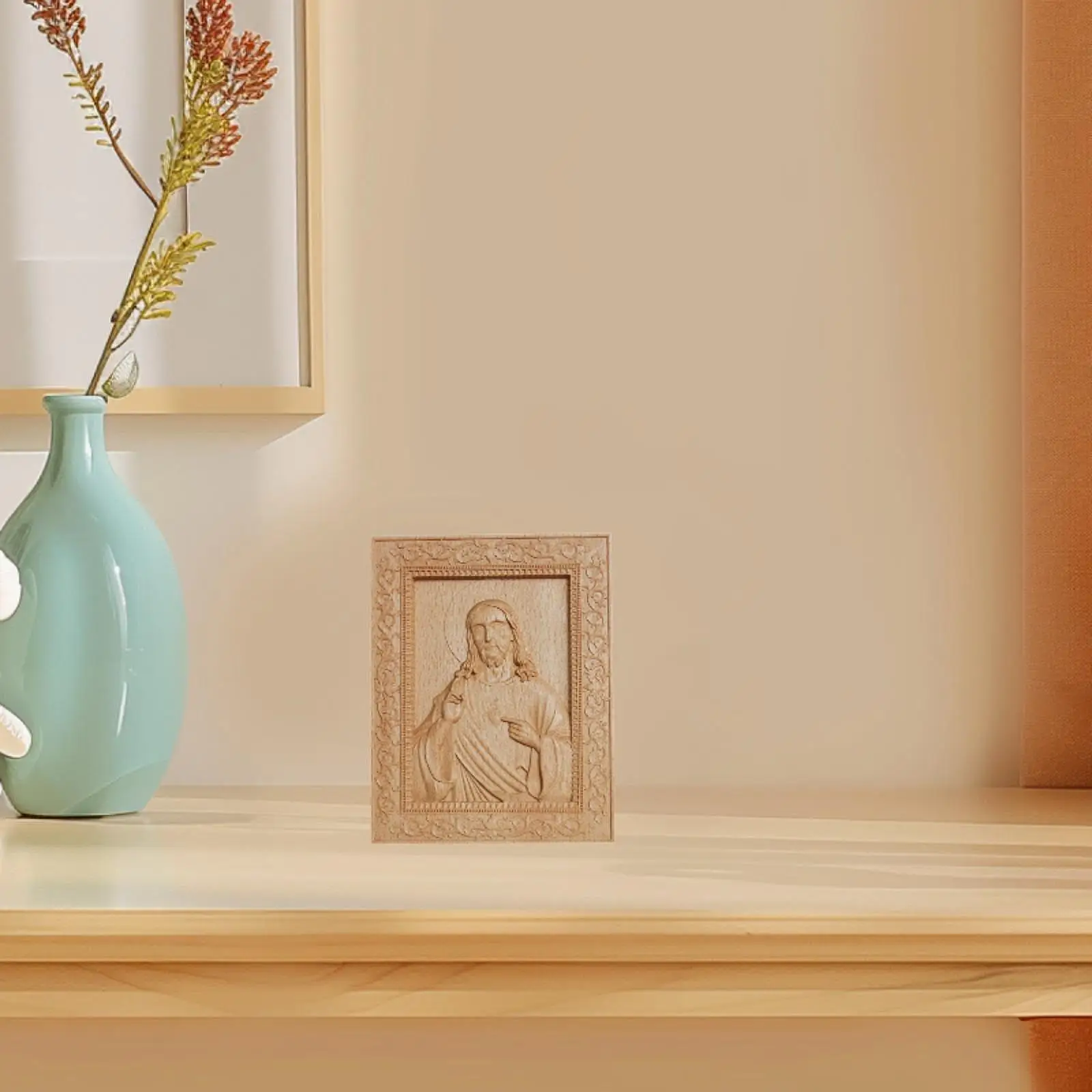 Wooden Carved Jesus Statue Figurines Home Decor Wooden Sculpture Art Work for Tabletop Wedding Office Home Anniversary Gift