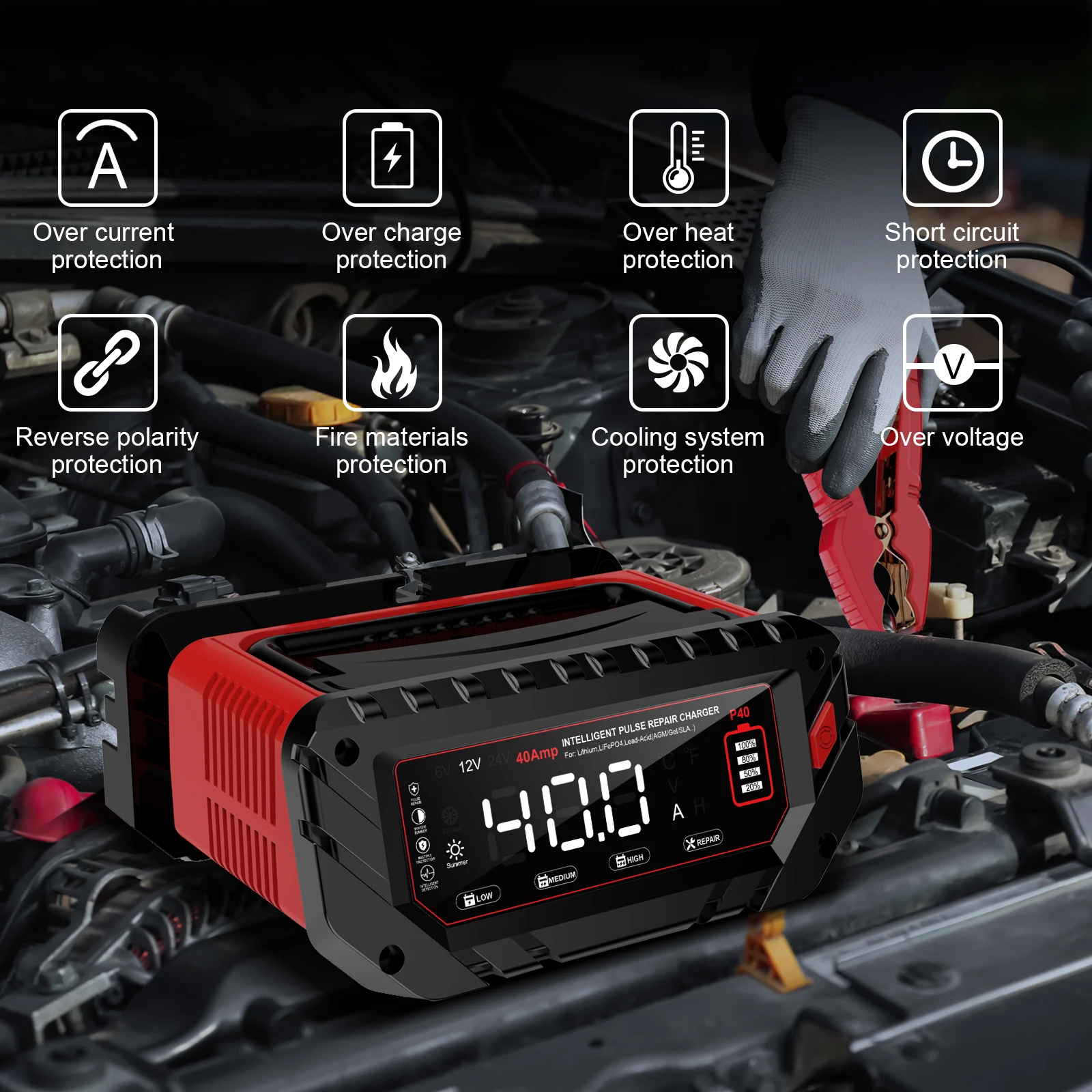 HTRC 40A شاحن بطارية السيارة 6 فولت/12 فولت/24 فولت LiFePO4 شاحن سيارة لليثيوم AGM هلام شاحن بطارية الرصاص الحمضية لسيارة دراجة نارية