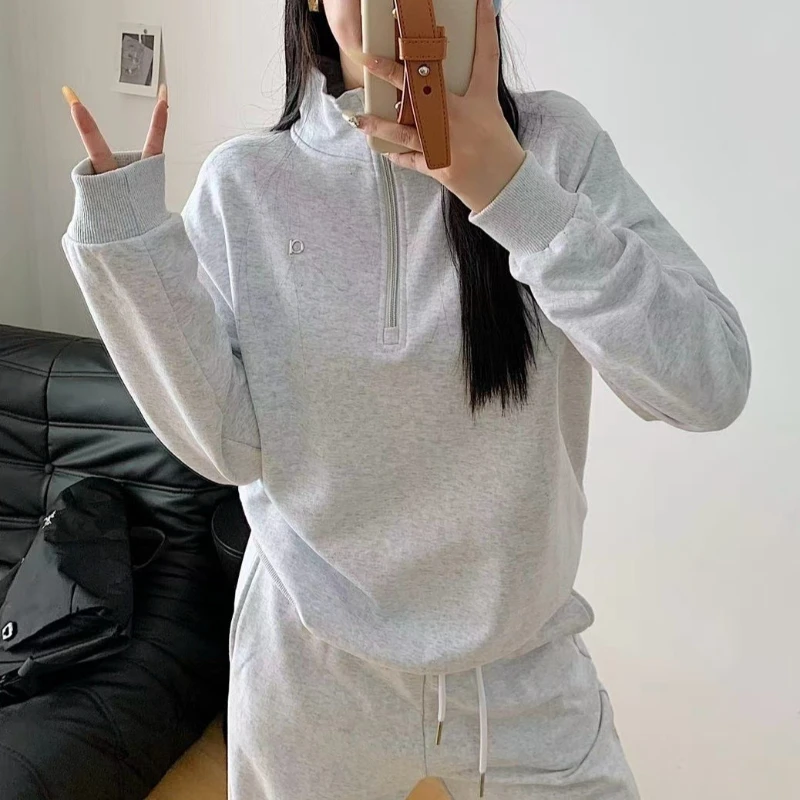 الوقوف طوق نصف البريدي البلوز 2025 الخريف والشتاء الترفيه فضفاضة تناسب هوديس المرأة القطن الجري اللياقة البدنية الرياضة البلوز #6