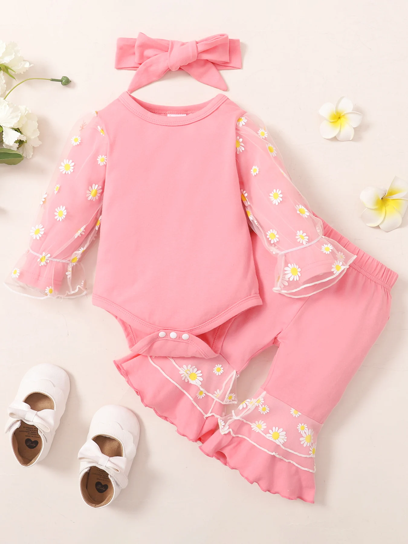 

Розовый комплект с ромашками для девочек (костюм Boppie + длинные брюки + повязка на голову) — милый и свежий стиль, набор аксессуаров для младенцев