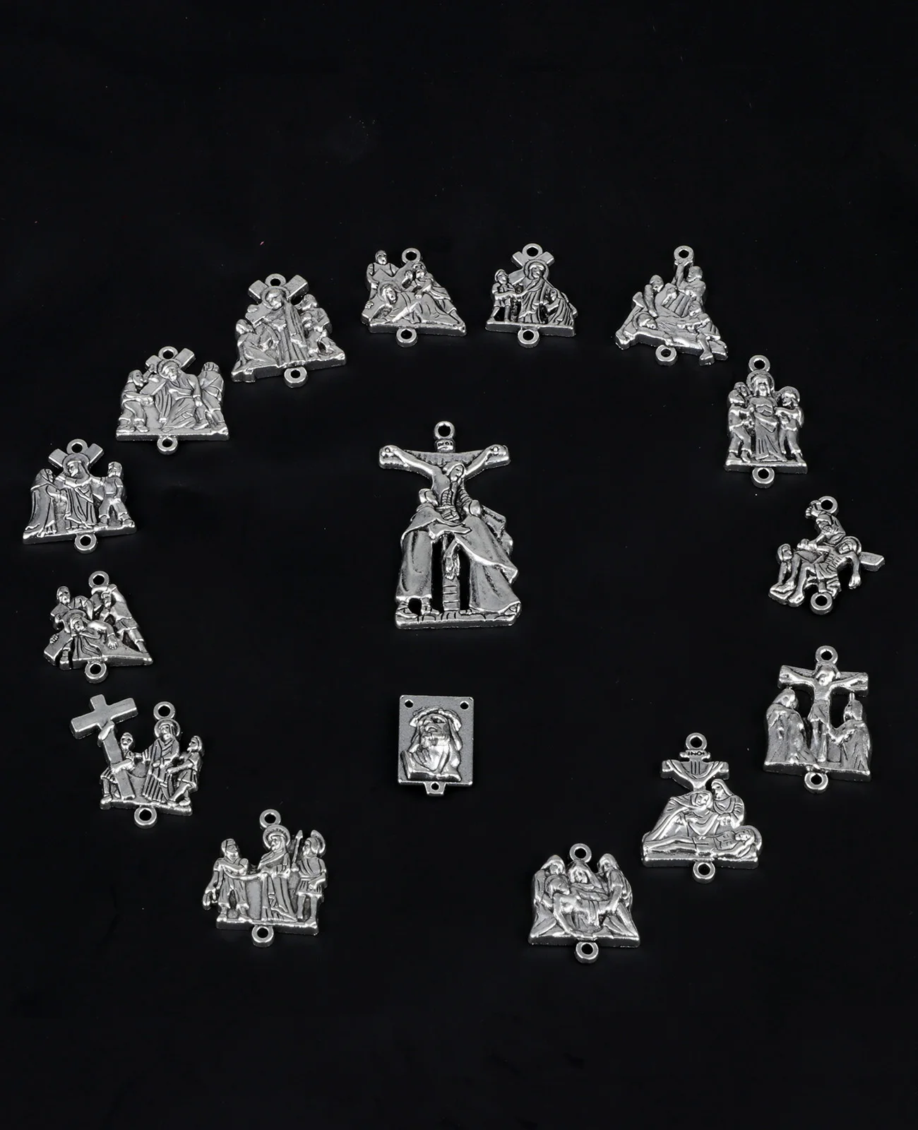 16Pcs Stations Cross Signs Devotional Medals Crucifix Jesus Cross Crown of Thorns Pendant Set for Rosary DIY Accessories