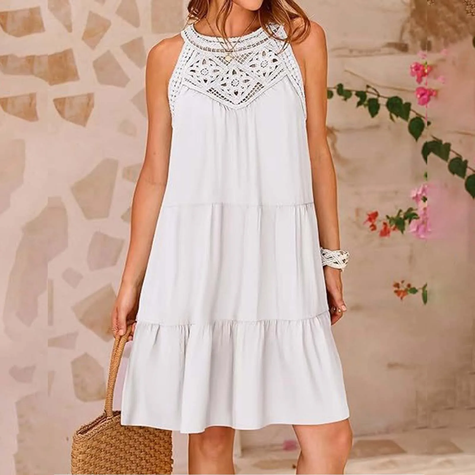 Summer Women's Beach Dress Sexy Halter Sleeveless A-Line Mini Dress Casual Loose Swing Flowy Sundress Vestidos 2024