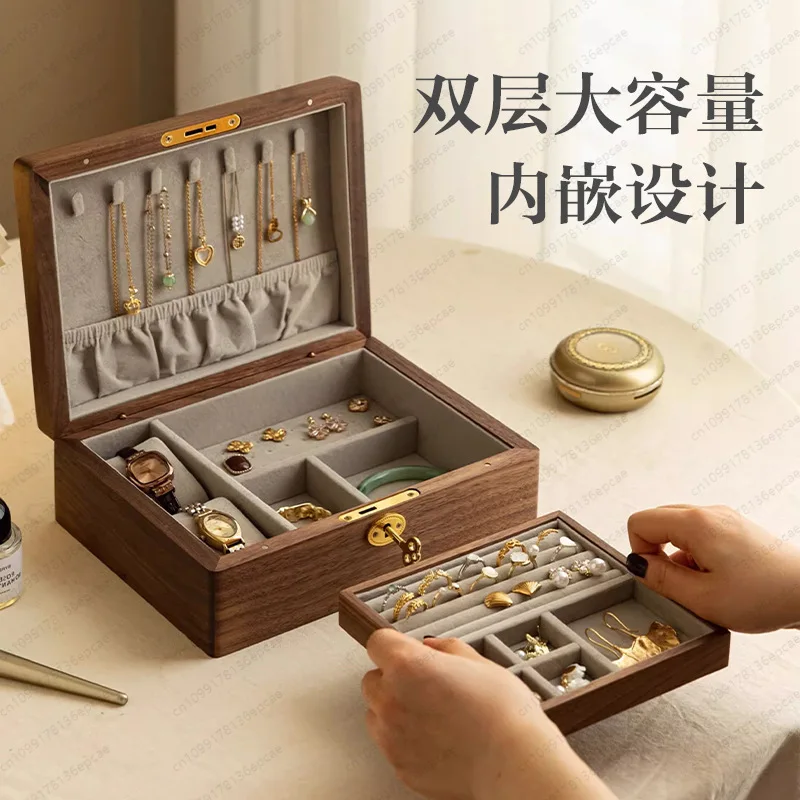 Black walnut single and double-layer jewelry storage box, high-end sense, large-capacity stud earrings, necklace, storage box