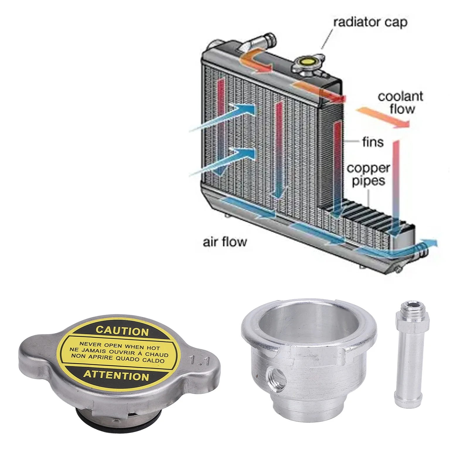 Weld On Radiator Filler Neck With 1.1Bar Radiator Cap Aluminum Alloy 30mm High Performance Cooling System for Most Cars