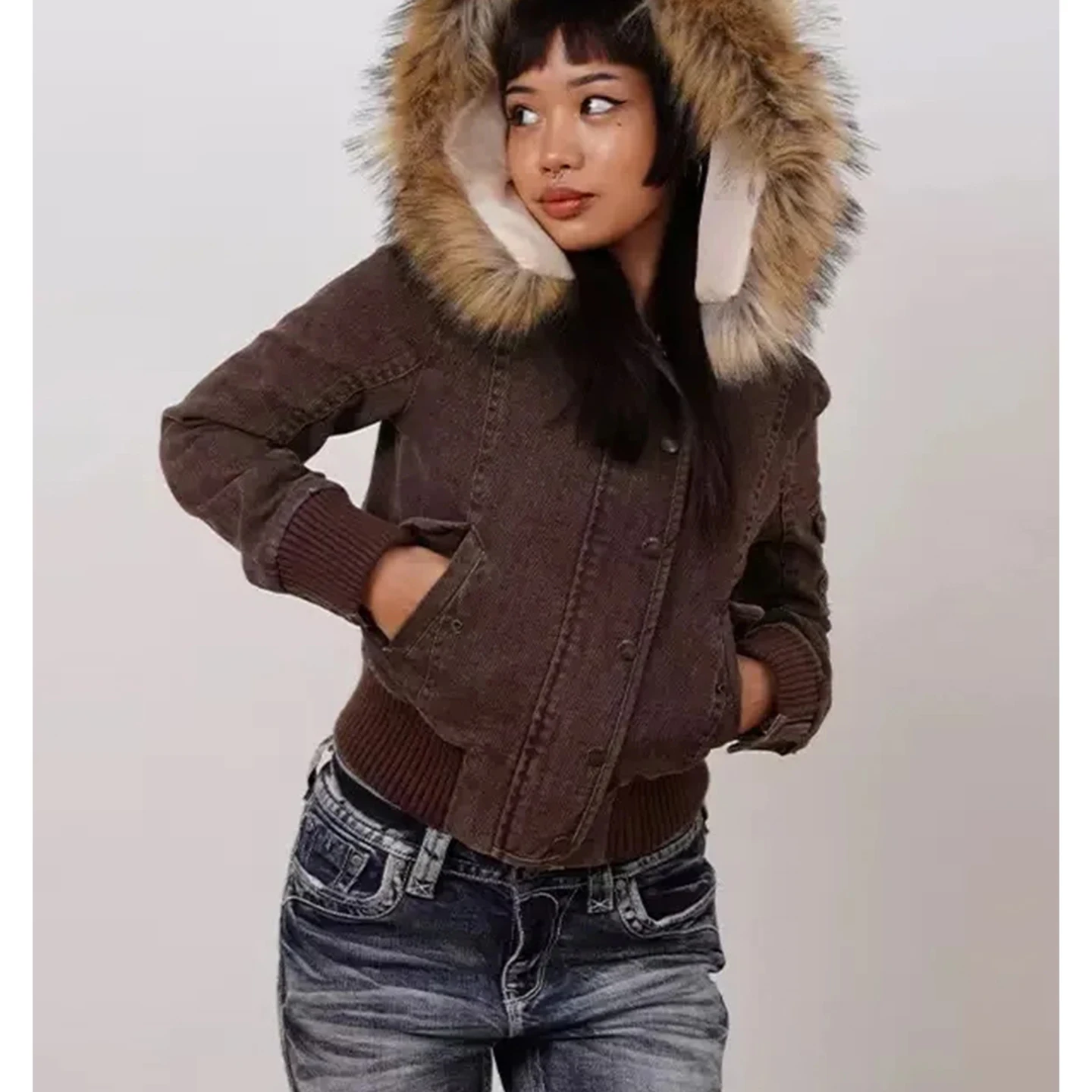 Herfst nieuwe dames Amerikaanse casual losse rits afneembare bontkraag lange Sve ort Jaet jas polyestervezel dames