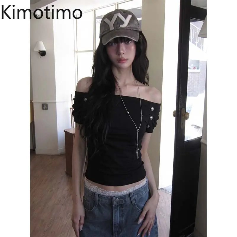Kimotimo Sexy Off Shoulder T-shirt Women Solid Button Folds Design Short Sleeve Slim Waist Tees Y2k Aesthetic Fashion Crop Top
