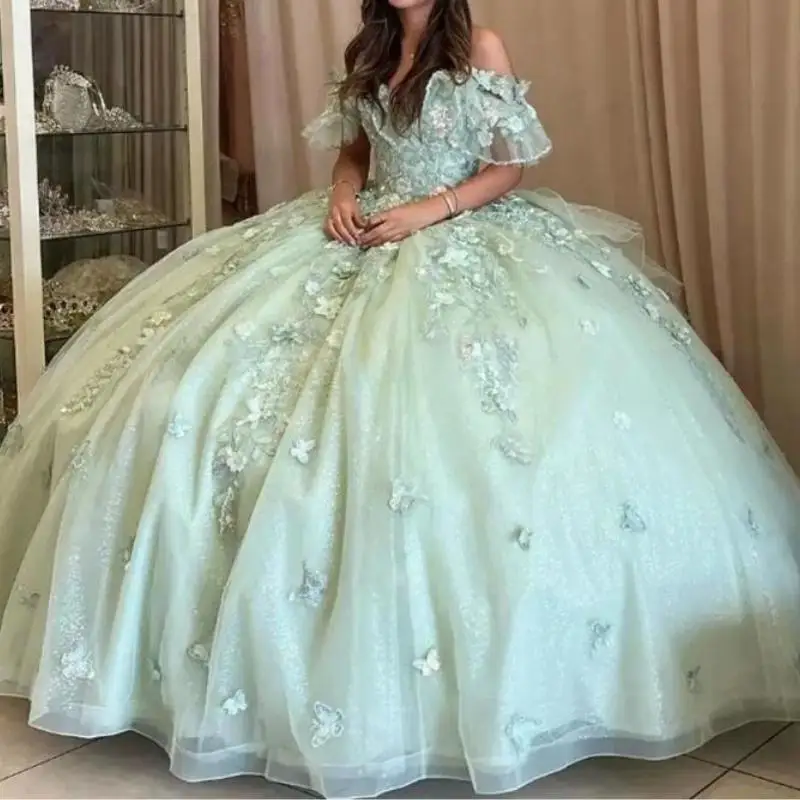 

Unique Glitter Sage Green Off The Shoulder Quinceanera Dresses 2025 Applique Lace Tull Birthday Party Prom Vestidos De 15 Anos