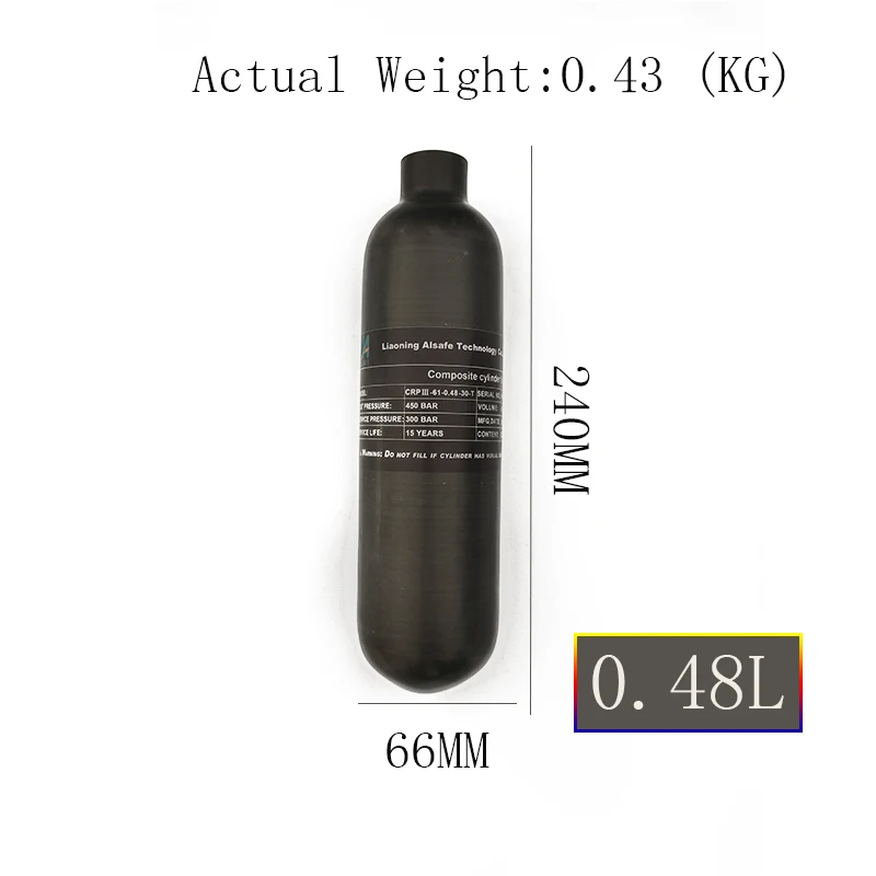 Alsafe 300Bar  30Mpa 4500Psi compact 0.48L 480cc High Pressure Carbon Fiber Cylinder HPA Tank  Regulator Valve  M18*1.5