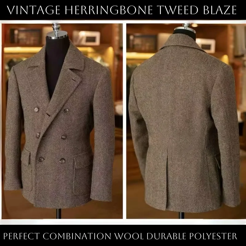 British Men's Blazers Vintage Herringbone Tweed Formal Jacket Wool Blend Double Breasted Casual With Straps Sport Suit Coat