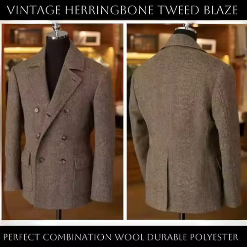 British Men's Blazers Vintage Herringbone Tweed Formal Jacket Wool Blend Double Breasted Casual Autumn Winter Suit Coat - Image 6