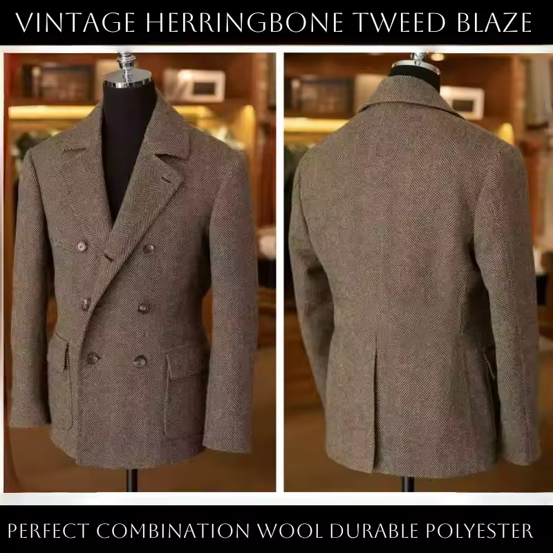 British Men's Blazers Vintage Herringbone Tweed Formal Jacket Wool Blend Double Breasted Casual Autumn Winter Suit Coat - Image 6