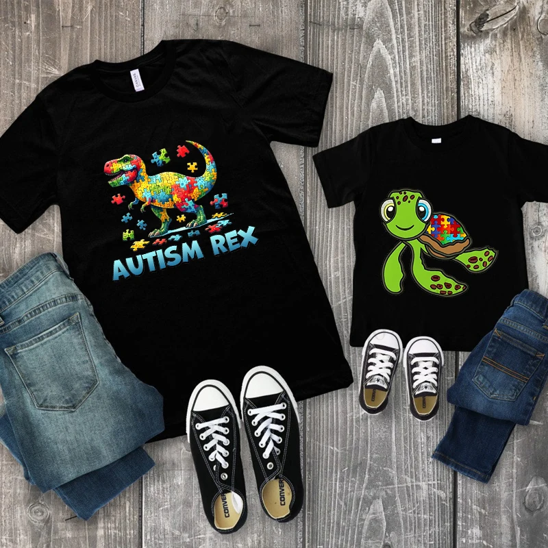 Funny Autism REX Awareness Puzzle Unisex T-Shirt Acceptance Neurodiversity Tshirts Short Sleeve Tees Adults Kids Shirt Tops