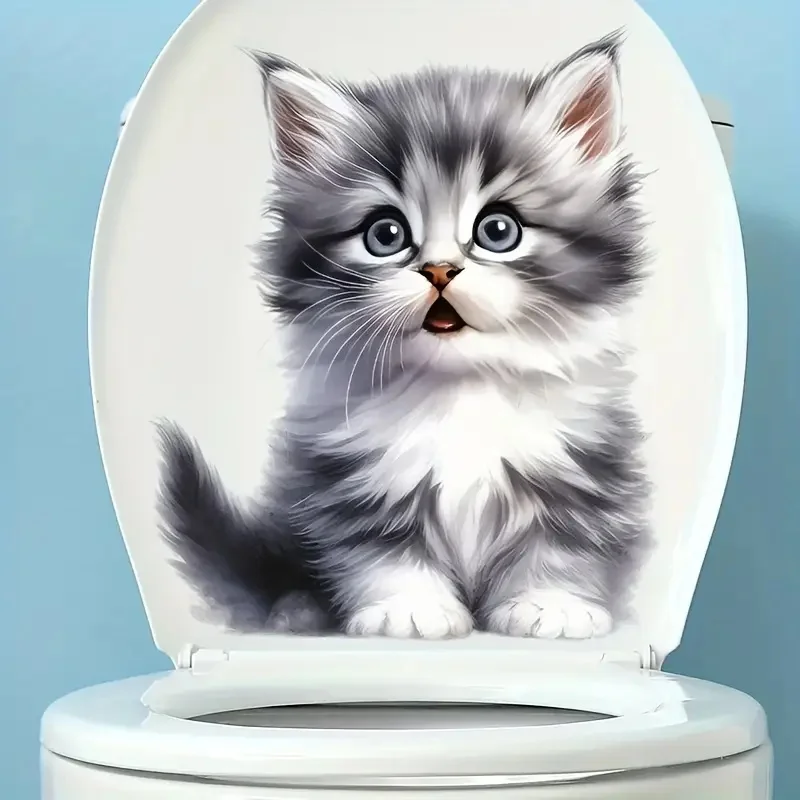 Adorable Gray Kitten Self-Adhesive Toilet Stickers,Wall Decal Removable, Reusable Vinyl Car Sticker for Toilet Lid, Bathroom