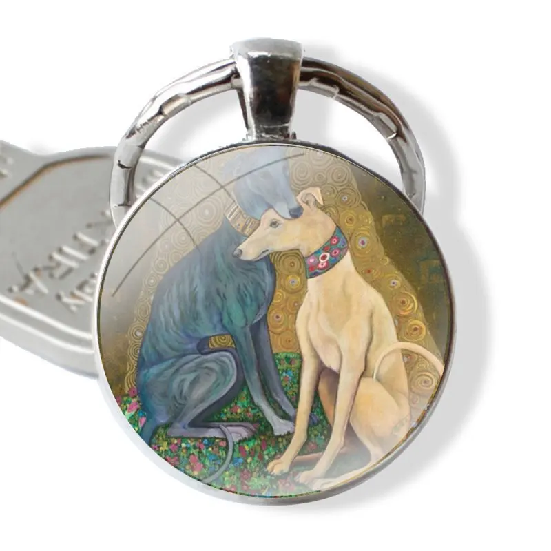 Gustav Klimt Greyhound Dog Art Keychain Handmade Glass Cabochon Key Ring Holder Pendant Key Chains