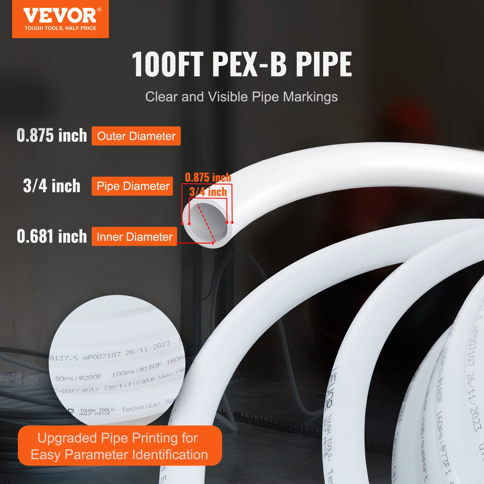 VEVOR PEX Pipe 3/4 Inch 100 Feet Length PEX-B Flexible Pipe Tubing White For Potable Water Hot/Cold Water Easily Restore