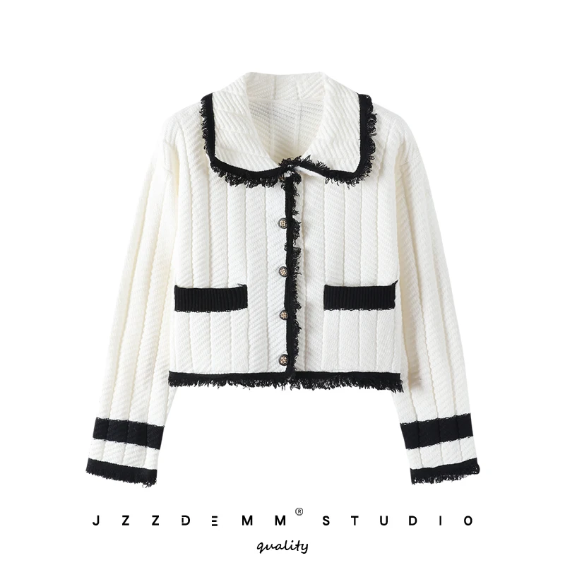 

High Waist ort Knitted Sweater with Tassel Color Blo Doll Collar Vintage Commute Sle Long Sve Button up Top