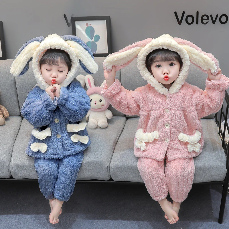 Autumn Winter Baby Girls Clothing Sets Cute Rabbit Ears Hooded Plush Coat + Pants 2Pcs Outfits Kids Pyjamas Suit 2 3 4 5 6 Years