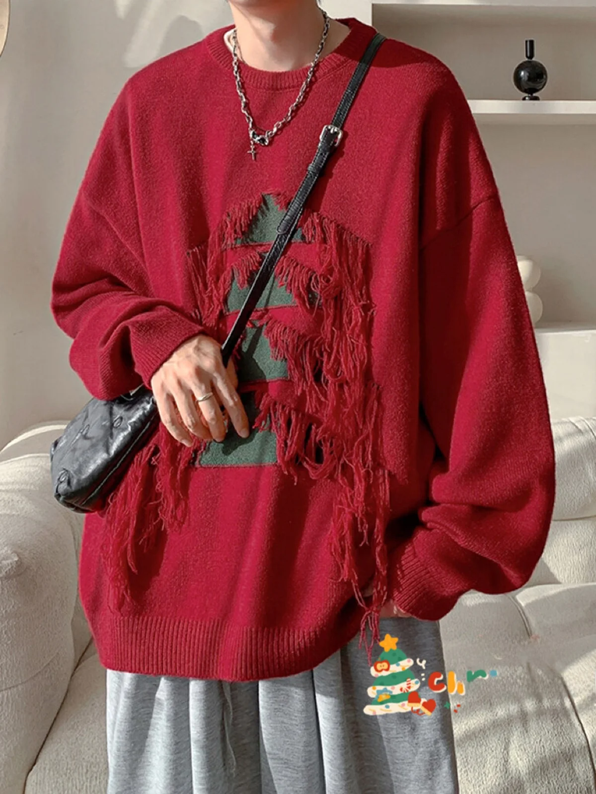 

Красный вязаный свитер Cisas для мужчин, зимний оверсайз пуловер с круглым вырезом, парная модель, американский стиль, удобный, толстый, с длинными рукавами