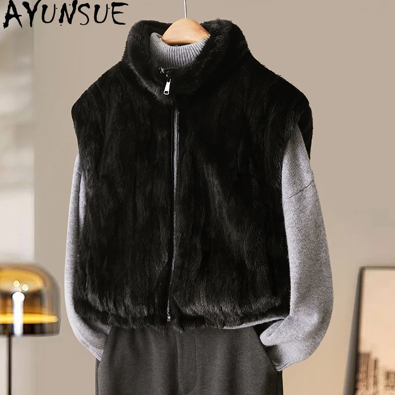 

AYUNSUE Mink Fur Coats Woman 2025 Reversible Winter Coats Black Jacket Sleeveless Fur Outerwears Women Clothes Dames Winterjas