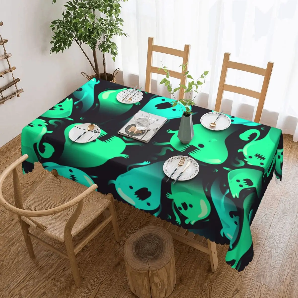 Custom Rectangular Halloween Horror Green Ghost Pattern Art Table Cloth Oilproof Tablecloth Outdoor 45