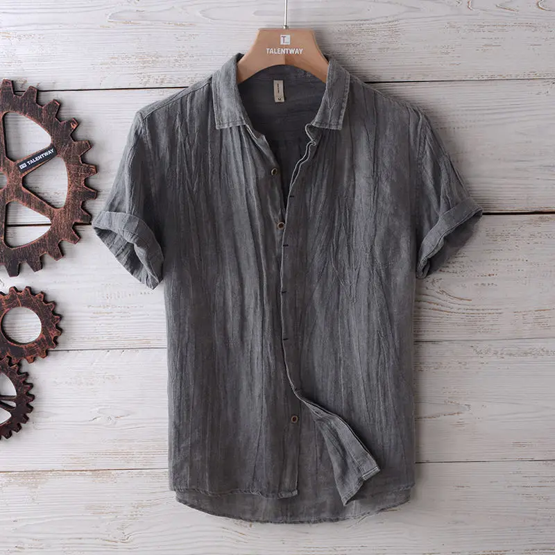 Japanese Retro Wrinkled Short-sleeved Linen Shirt for Men Summer Casual Thin Breathable Loose Half-sleeved Cotton Linen Shirt