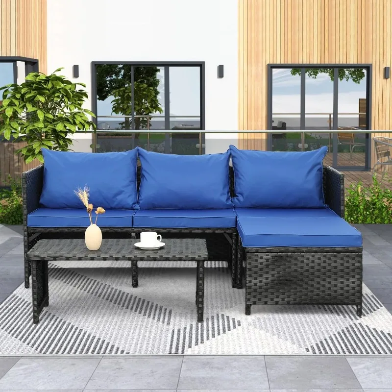 3 قطع في الهواء الطلق PE الروطان مجموعة اثاث الفناء الأسود الخوص المحادثة Loveseat أريكة الاقسام الأريكة وسادة الأزرق الملكي
