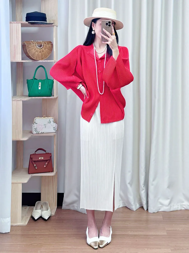 

White Pleated Waist-Cinching Long Sleeve Top And Half Skirt Minimalist Summer Outfit Two-Piece Set by Sanza Art Creation