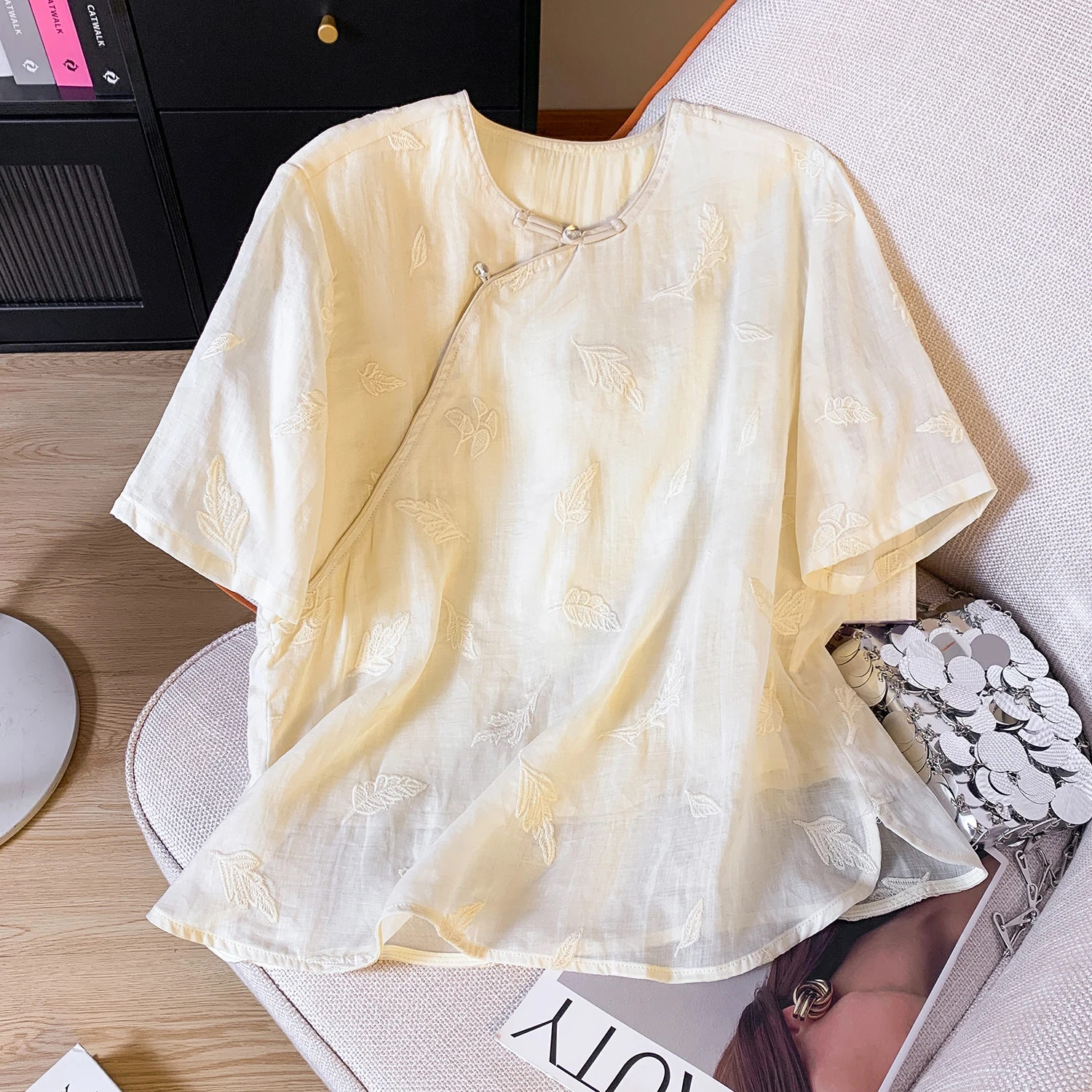 Retro cinese Sle ricamato in cotone e lino sciolto dimagrante irt donna estate casual rotondo Ne colore di lunghezza regolare